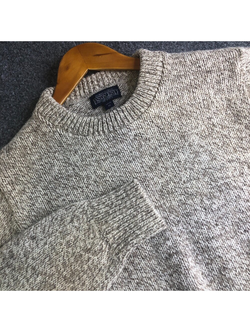 Vintage Lands End Sweater Mens M Beige Wool Nylon Pullover Crewneck Made USA